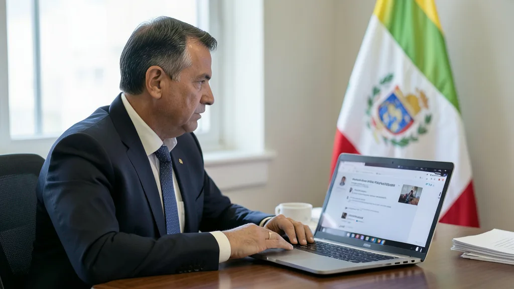 Imagem gerada por IA: Funcionário público argentino diante de um computador, com uma bandeira da Argentina ao fundo.
