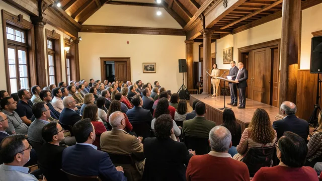 Imagem gerada por IA: Público acompanha ato político em um centro cultural histórico de São Paulo.