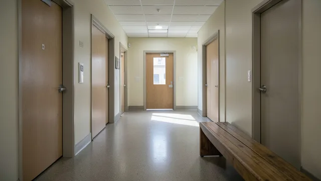 Imagem gerada por IA: Corredor de tribunal em Los Angeles, com portas de salas de audiência fechadas.