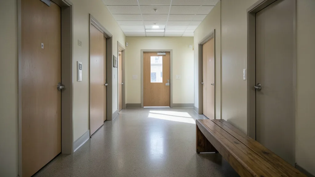 Imagem gerada por IA: Corredor de tribunal em Los Angeles, com portas de salas de audiência fechadas.
