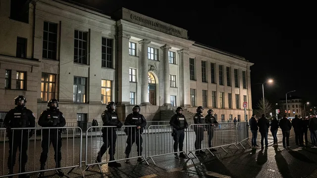 Imagem gerada por IA: Policiais diante do Tribunal Constitucional da Polônia durante a noite, com manifestantes ao fundo.
