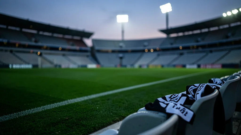 Imagem gerada por IA: Campo de futebol vazio em um estádio ao anoitecer, com cachecóis pretos e brancos nas arquibancadas.