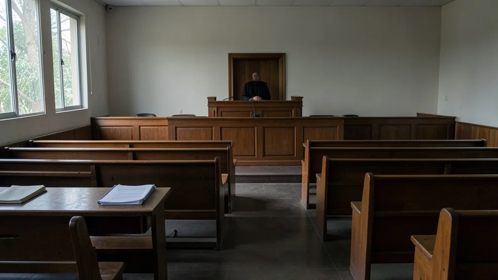Imagem gerada por IA: Sala vazia de tribunal do júri, com bancos de madeira e documentos sobre uma mesa.