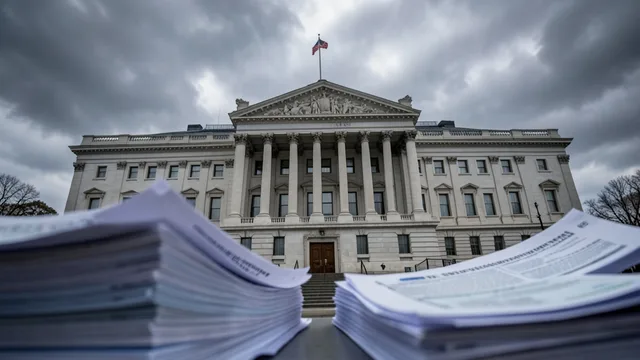 Imagem gerada por IA: Prédio do Tesouro dos Estados Unidos em Washington sob céu nublado, com documentos financeiros desfocados em primeiro plano.