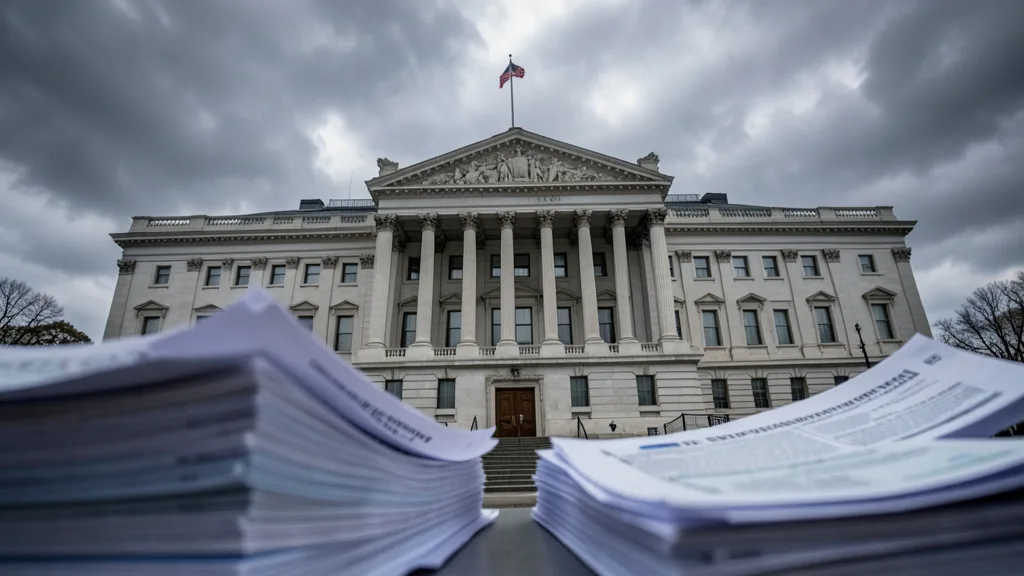 Imagem gerada por IA: Prédio do Tesouro dos Estados Unidos em Washington sob céu nublado, com documentos financeiros desfocados em primeiro plano.
