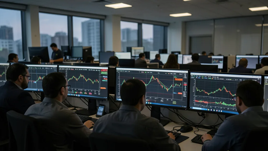 Operadores acompanham as telas em um pregão do mercado financeiro brasileiro.