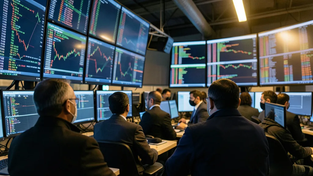 Imagem gerada por IA: Operadores acompanham as oscilações do mercado financeiro em uma sala de negociação.
