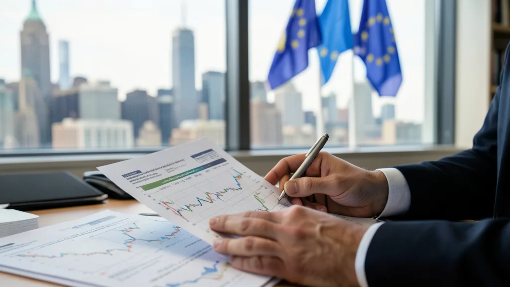 Imagem gerada por IA: Documentos financeiros sobre títulos públicos em uma mesa, com skyline urbano e bandeiras europeias ao fundo.