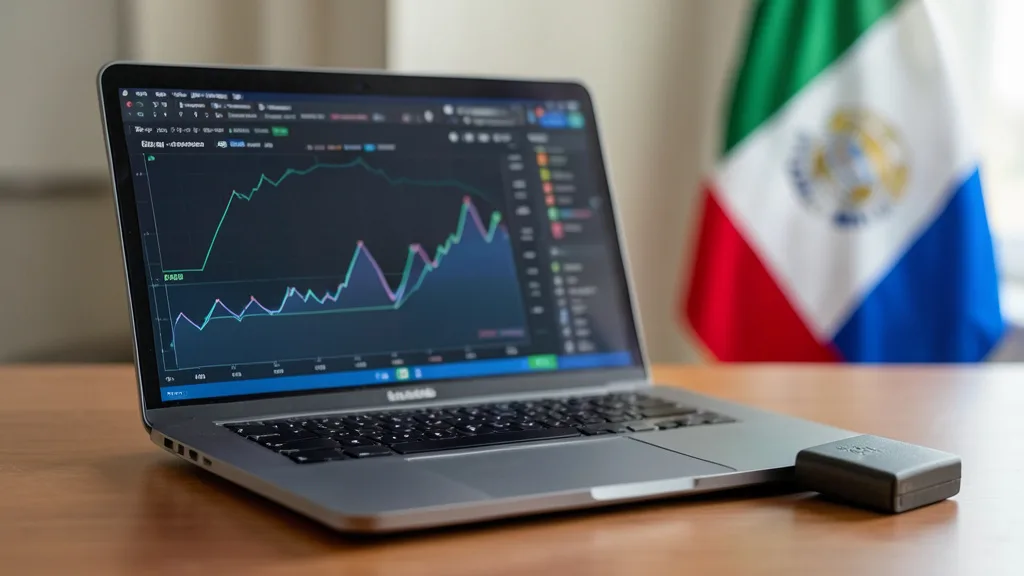 Imagem gerada por IA: Carteira digital e computador em uma mesa, com uma bandeira argentina desfocada ao fundo.