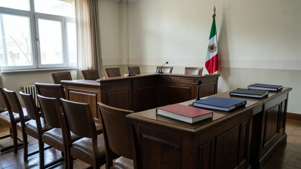 Imagem gerada por IA: Sala de tribunal vazia, com bancada dos juízes, documentos e uma bandeira argentina ao fundo.