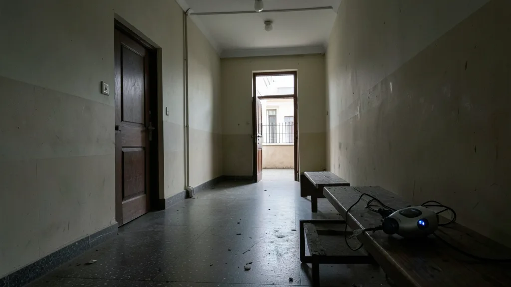 Imagem gerada por IA: Corredor de fórum com uma tornozeleira eletrônica sobre um banco.