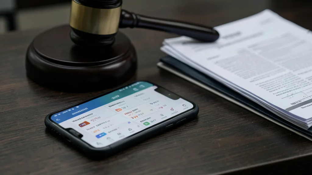 Imagem gerada por IA: Celular com interface genérica de apostas ao lado de um martelo e documentos judiciais.