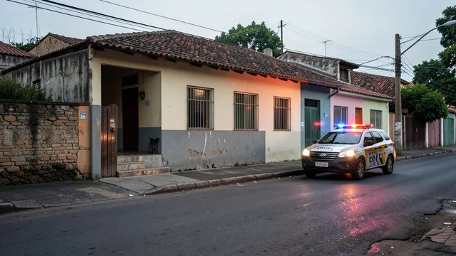 Imagem gerada por IA: Casa em uma rua de Votuporanga com uma viatura policial estacionada nas proximidades.