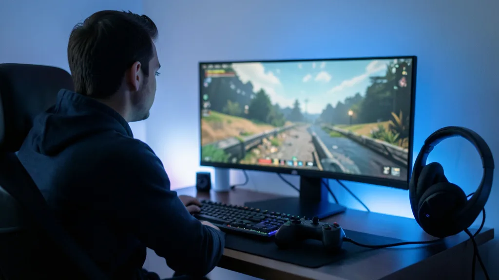 Imagem gerada por IA: Jogador diante do computador em uma sala de jogos, com controle e headset sobre a mesa.