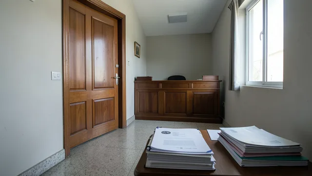 Imagem gerada por IA: Corredor de fórum com pastas de processo sobre uma mesa.