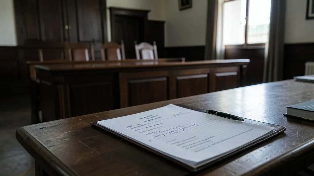 Imagem gerada por IA: Pasta fechada com documentos em uma sala de audiência vazia.
