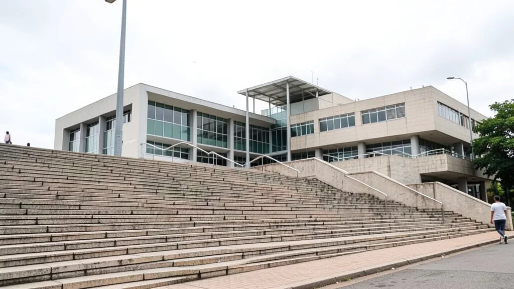 Imagem gerada por IA: Fachada de um prédio da Justiça em Fortaleza, com pessoas ao fundo.