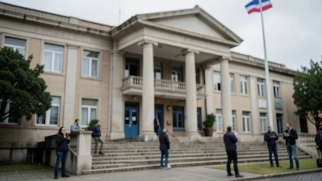 Fachada de um tribunal chileno com uma bandeira do país e jornalistas ao fundo.