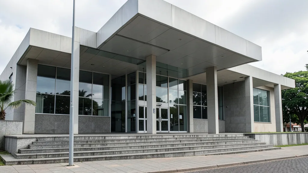 Imagem gerada por IA: Fachada de um prédio da Justiça em Brasília, com escadaria e portas de vidro.