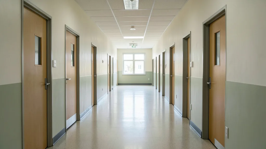 Imagem gerada por IA: Corredor vazio de uma escola, com portas de salas de aula e luz natural.