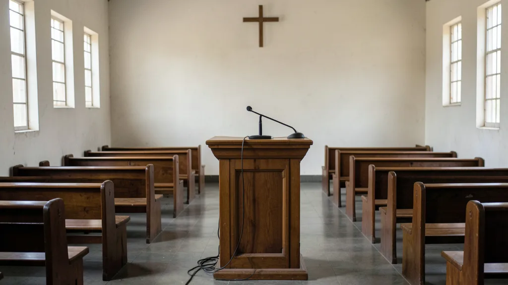Imagem gerada por IA: Púlpito vazio com microfone em uma igreja evangélica.