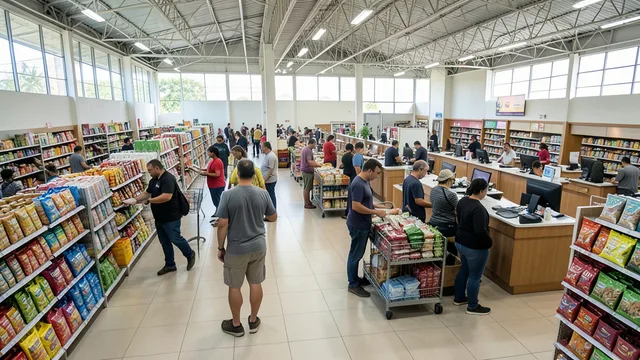 Imagem gerada por IA: Clientes circulam pelos corredores de uma loja de varejo.