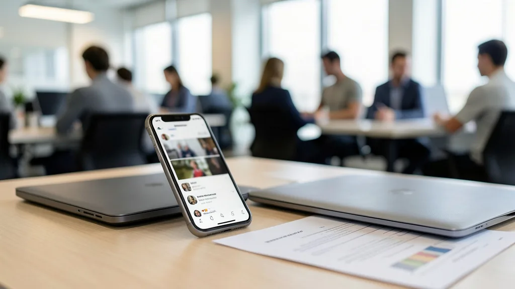Imagem gerada por IA: Celular com uma rede social sobre uma mesa de escritório, com funcionários ao fundo.