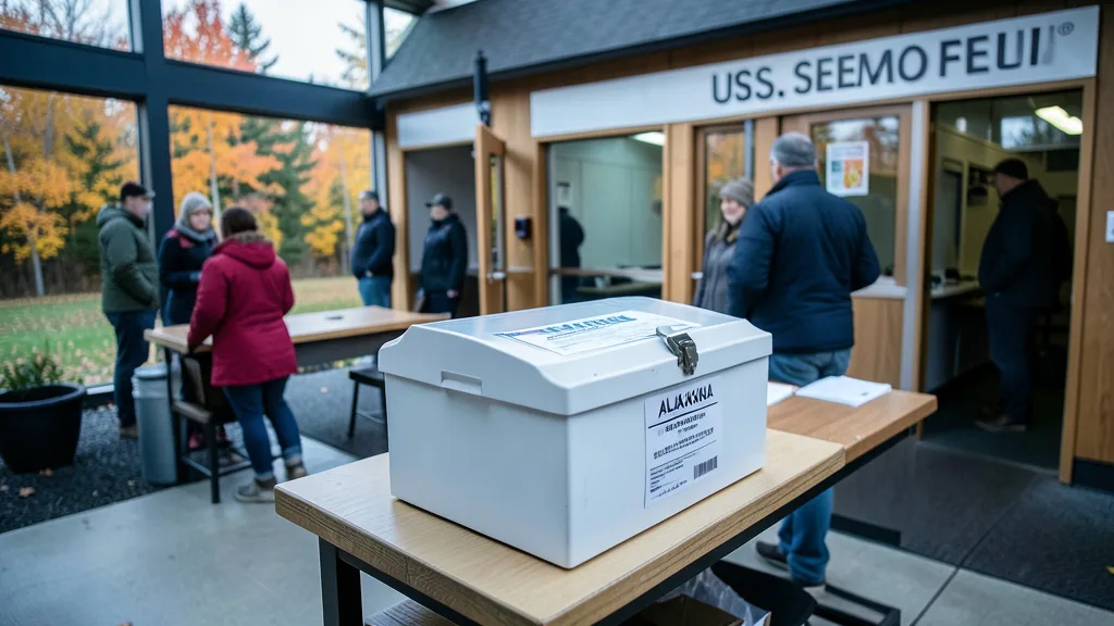 Imagem gerada por IA: Local de votação no Alasca preparado para uma eleição, com cabine e urna ao fundo.