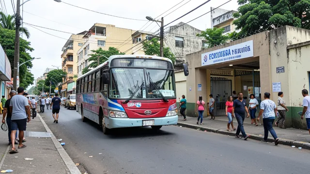 Imagem gerada por IA: Ônibus circula em uma rua de Salvador, com eleitores caminhando ao fundo.