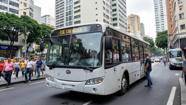 Imagem gerada por IA: Ônibus circula por uma avenida movimentada de São Paulo durante o dia.