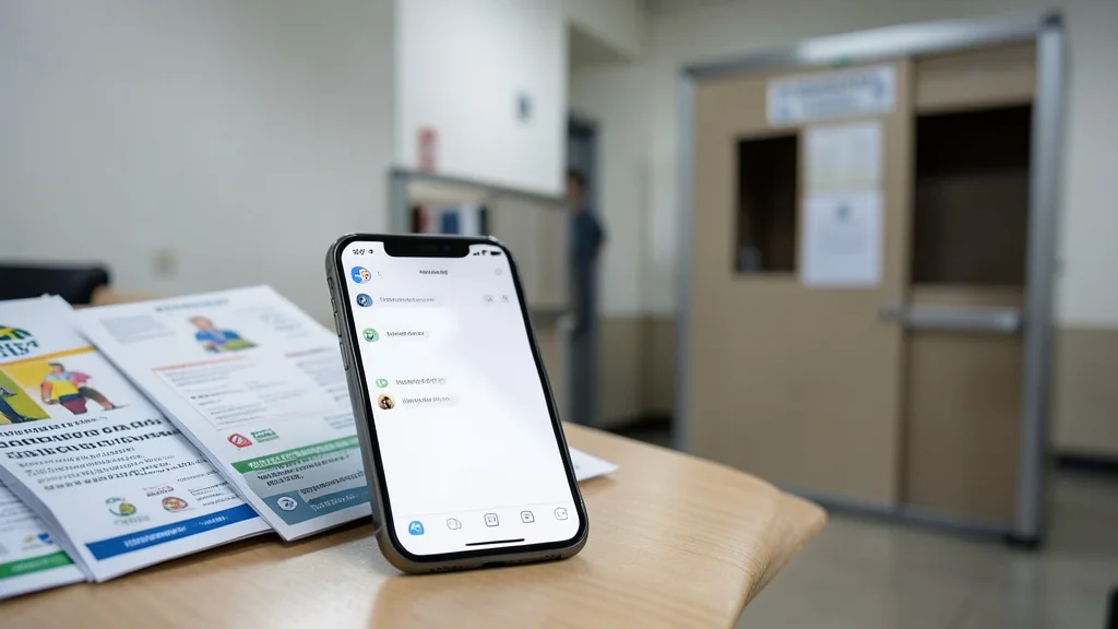 Imagem gerada por IA: Celular ao lado de materiais eleitorais e de uma cabine de votação vazia.
