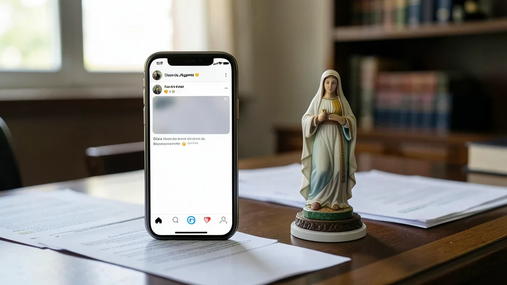 Imagem gerada por IA: Celular com uma rede social ao lado de uma imagem de Nossa Senhora Aparecida e documentos.