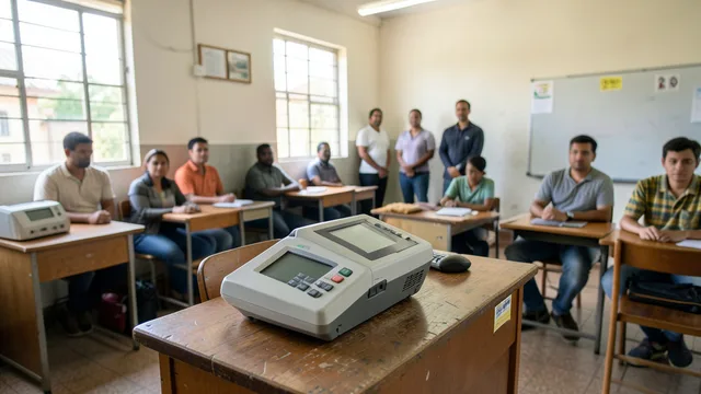 Imagem gerada por IA: Urna eletrônica em uma sala de votação, com eleitores aguardando ao fundo.