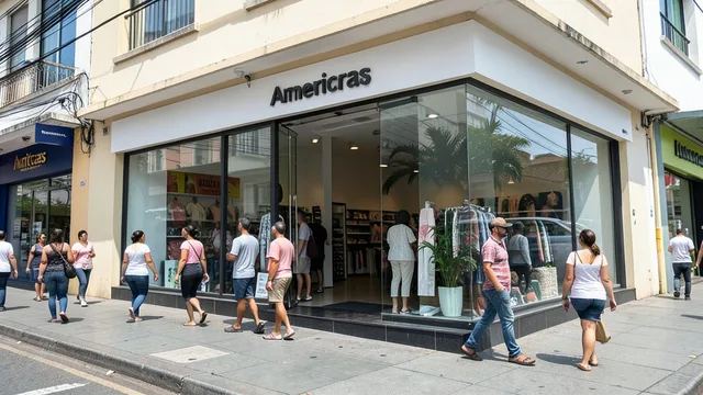 Imagem gerada por IA: Fachada de uma loja de varejo em uma rua do Rio de Janeiro, com pessoas passando pela entrada.