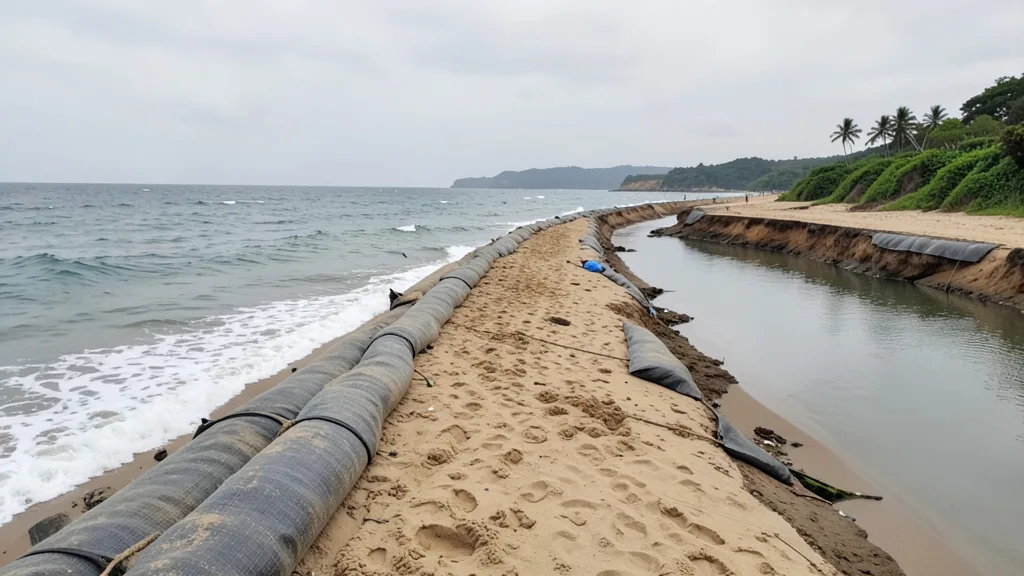 Imagem gerada por IA: Barreiras de tubos geotêxteis junto ao cordão arenoso ameaçado pela erosão no Estreito do Melão.