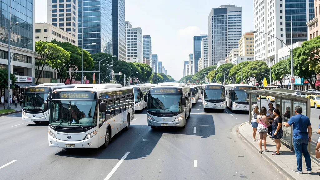 Imagem gerada por IA: Ônibus municipais circulam por uma avenida de São Paulo.