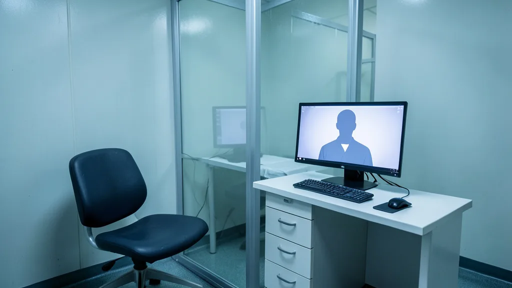 Imagem gerada por IA: Sala de atendimento prisional preparada para uma consulta psiquiátrica por videoconferência.