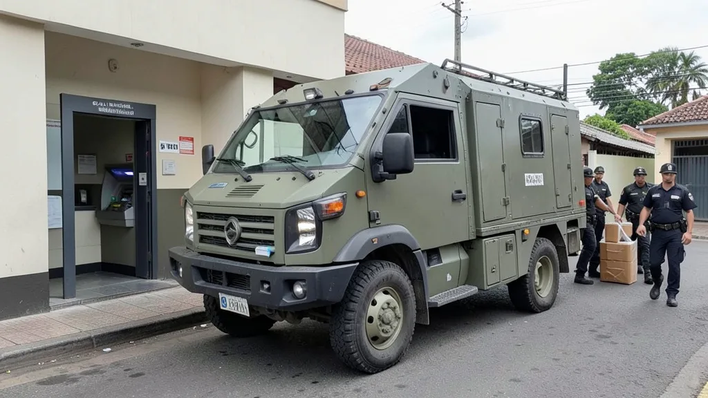 Imagem gerada por IA: Veículo de transporte de valores parado perto de caixas eletrônicos.