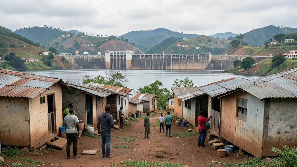 Imagem gerada por IA: Moradias de uma comunidade indígena em área rural, com uma barragem ao fundo.