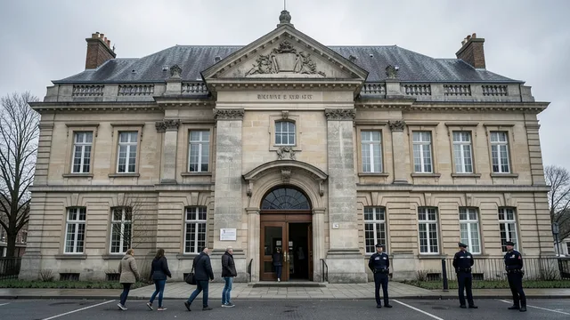Imagem gerada por IA: Pessoas se dirigem a um tribunal francês enquanto policiais permanecem na entrada.