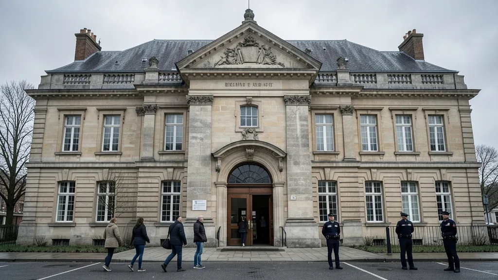 Imagem gerada por IA: Pessoas se dirigem a um tribunal francês enquanto policiais permanecem na entrada.