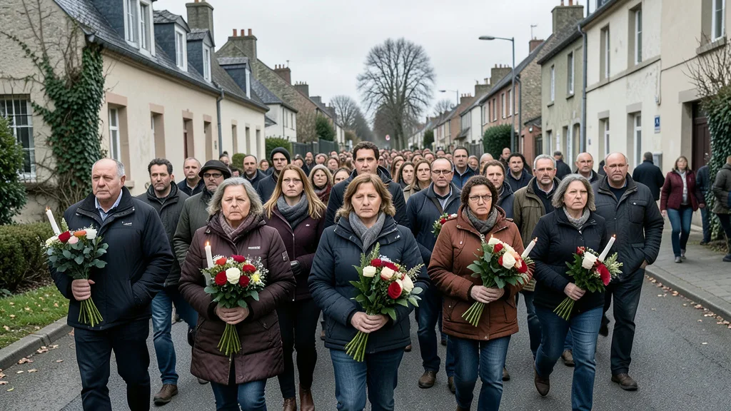 Imagem gerada por IA: Manifestantes participam de uma marcha silenciosa em homenagem à vítima, com flores e velas.