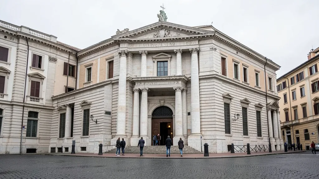 Imagem gerada por IA: Fachada de um tribunal em Roma, com pessoas caminhando em direção à entrada.
