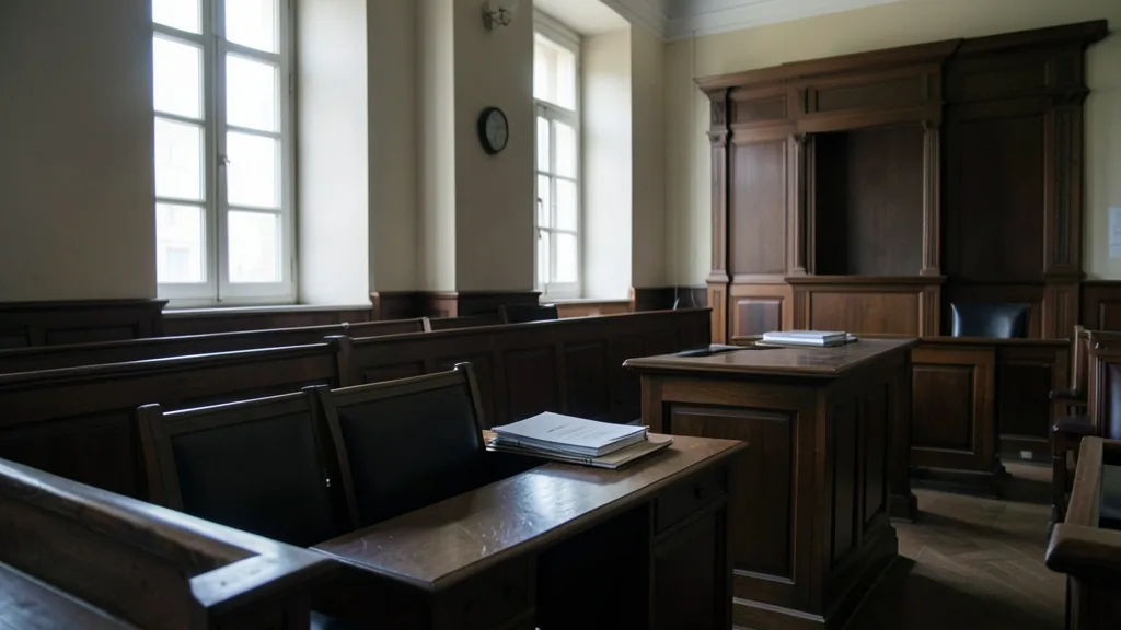 Imagem gerada por IA: Sala de tribunal italiana vazia, com bancos de madeira e documentos sobre uma mesa.