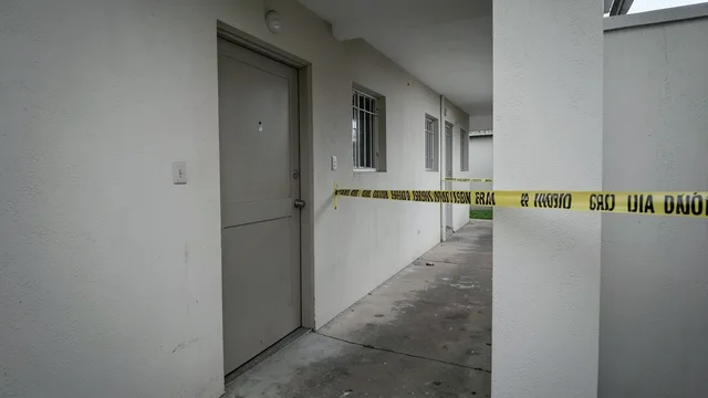 Imagem gerada por IA: Corredor de prédio residencial em Ijuí, com uma porta fechada e fita de isolamento ao fundo.