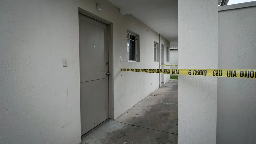 Imagem gerada por IA: Corredor de prédio residencial em Ijuí, com uma porta fechada e fita de isolamento ao fundo.