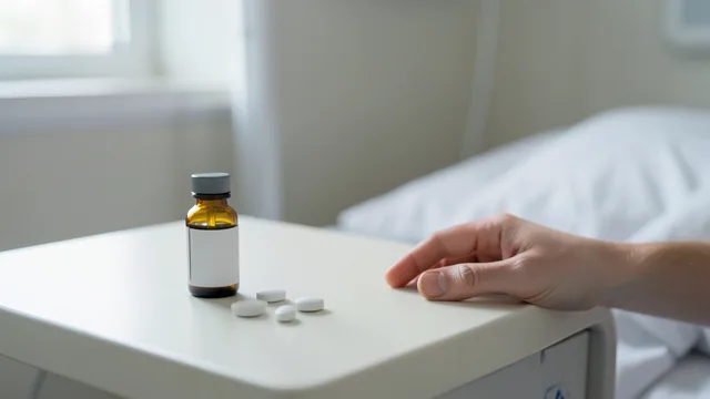 Imagem gerada por IA: Frasco sem identificação e comprimidos sobre uma mesa ao lado da mão de uma paciente.