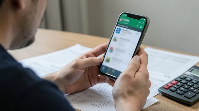 Imagem gerada por IA: Pessoa segura um celular com uma tela de apostas desfocada ao lado de documentos bancários.