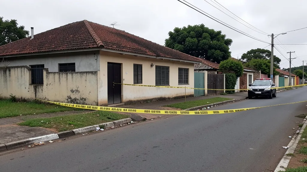 Imagem gerada por IA: Casa em uma rua residencial isolada por fita policial, com uma viatura ao fundo.