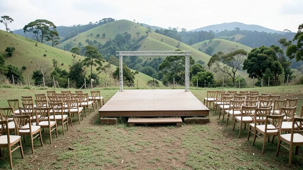 Imagem gerada por IA: Espaço de cerimônia ao ar livre em meio à paisagem rural de Miracatu